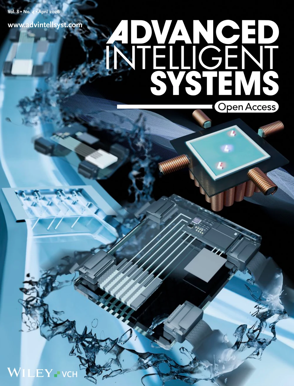Advanced Intelligent Systems April 2026 cover for microfluidic mixing with dynamic magnetic actuation
