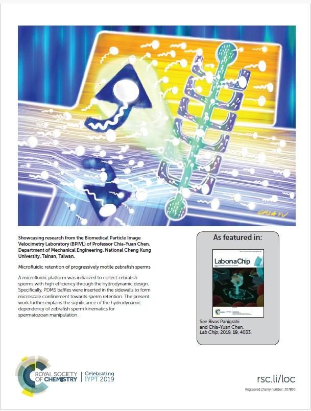 Lab on a Chip 2019 back cover feature for microfluidic retention of progressively motile zebrafish sperm