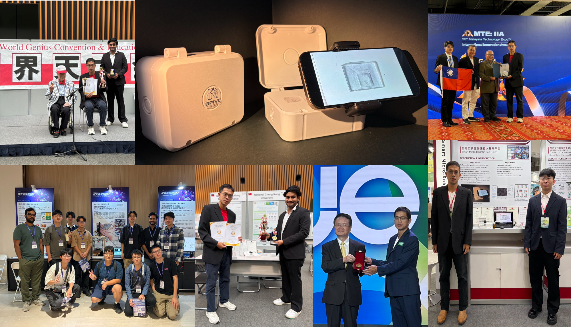SML Lab collage showing award ceremonies including the Taiwan Innotech Expo Gold Medal, the micro-platform prototype, research presentations, and team members